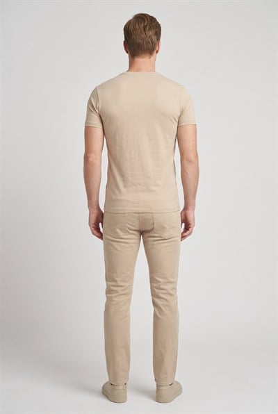 Slim Fit Bisiklet Yaka Esnek Pamuklu Düz Bej Tişört TS 823