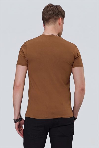 Slim Fit Bisiklet Yaka Esnek Pamuklu Düz Tarçın Tişört TS 823