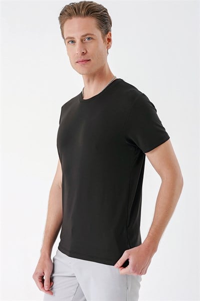 Slim Fit Bisiklet Yaka Esnek Pamuklu Düz Acı Kahve Tişört TS 823
