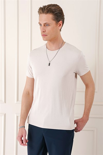Slim Fit Bisiklet Yaka Esnek Pamuklu Düz Açık Bej Tişört TS 823