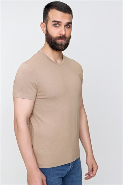 Slim Fit Bisiklet Yaka Esnek Pamuklu Düz Bej Tişört TS 823
