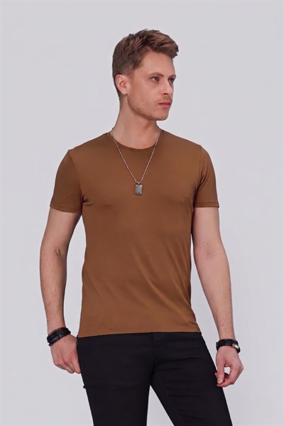 Slim Fit Bisiklet Yaka Esnek Pamuklu Düz Tarçın Tişört TS 823