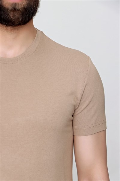 Slim Fit Bisiklet Yaka Esnek Pamuklu Düz Bej Tişört TS 823