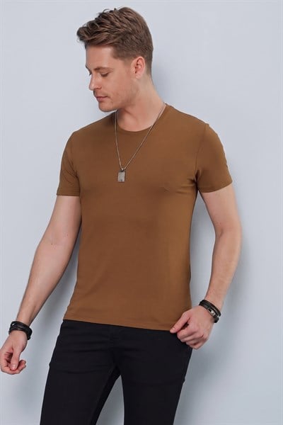 Slim Fit Bisiklet Yaka Esnek Pamuklu Düz Tarçın Tişört TS 823