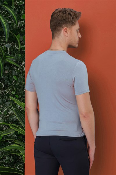 Slim Fit Bisiklet Yaka Esnek Pamuklu Mavi Tişört TS 847