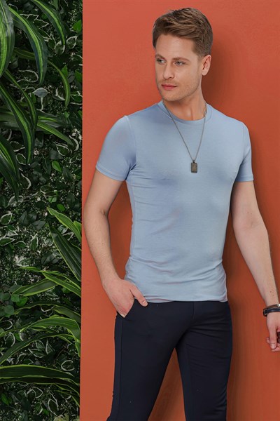 Slim Fit Bisiklet Yaka Esnek Pamuklu Mavi Tişört TS 847