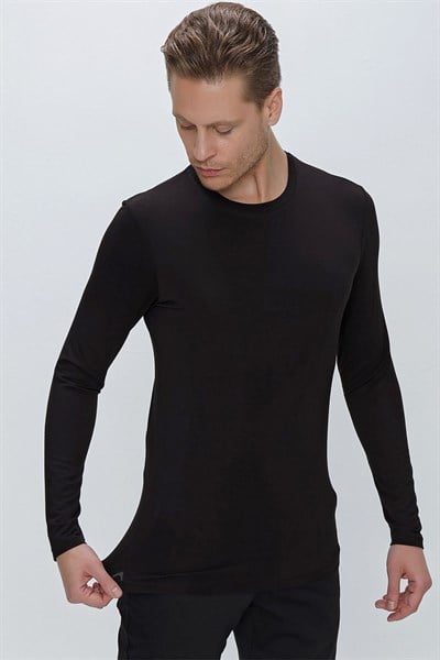 Slim Fit Bisiklet Yaka Esnek Uzun Kollu Siyah Tişört TS 842