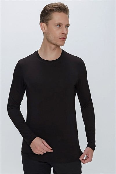Slim Fit Bisiklet Yaka Esnek Uzun Kollu Siyah Tişört TS 842