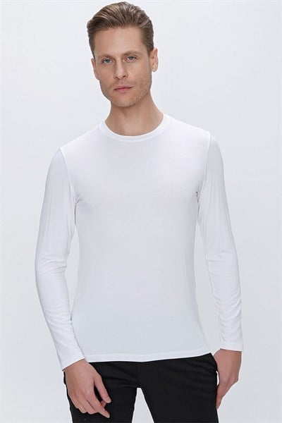 Slim Fit Bisiklet Yaka Esnek Uzun Kollu Beyaz Tişört TS 842