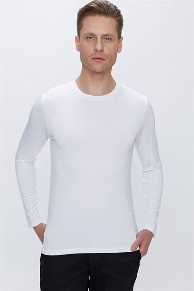 Slim Fit Bisiklet Yaka Esnek Uzun Kollu Beyaz Tişört TS 842