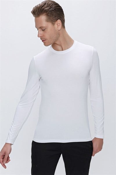 Slim Fit Bisiklet Yaka Esnek Uzun Kollu Beyaz Tişört TS 842