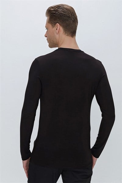 Slim Fit Bisiklet Yaka Esnek Uzun Kollu Siyah Tişört TS 842