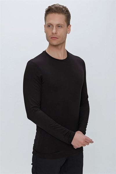 Slim Fit Bisiklet Yaka Esnek Uzun Kollu Siyah Tişört TS 842