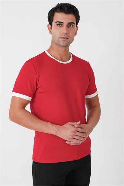 Slim Fit Bisiklet Yaka Kırmızı-Ekru Tişört TS 932
