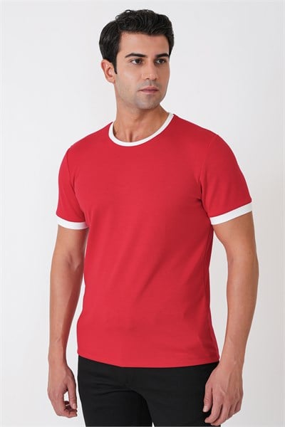 Slim Fit Bisiklet Yaka Kırmızı-Ekru Tişört TS 932