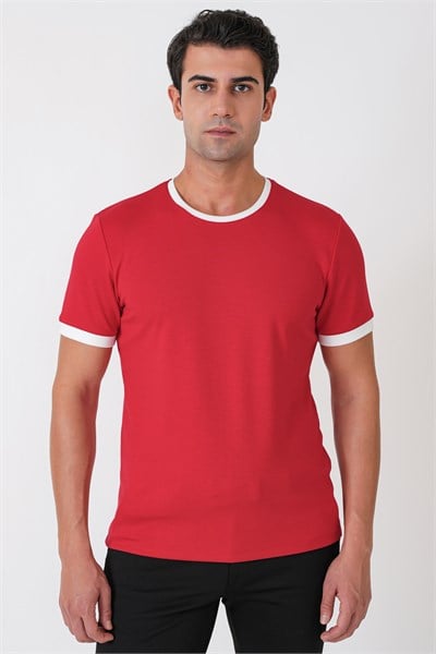 Slim Fit Bisiklet Yaka Kırmızı-Ekru Tişört TS 932