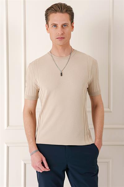 Slim Fit Bisiklet Yaka Kısa Kol Bej Triko Tr 869