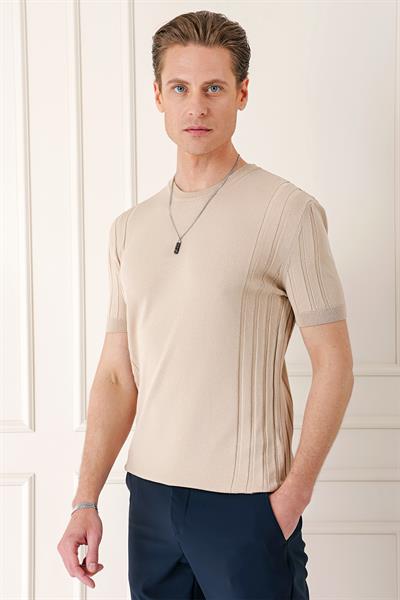 Slim Fit Bisiklet Yaka Kısa Kol Bej Triko Tr 869