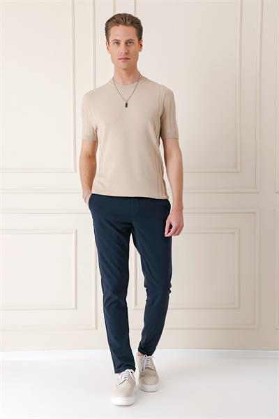 Slim Fit Bisiklet Yaka Kısa Kol Bej Triko Tr 869