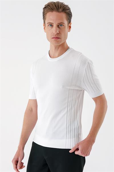 Slim Fit Bisiklet Yaka Kısa Kol Beyaz Triko Tr 869