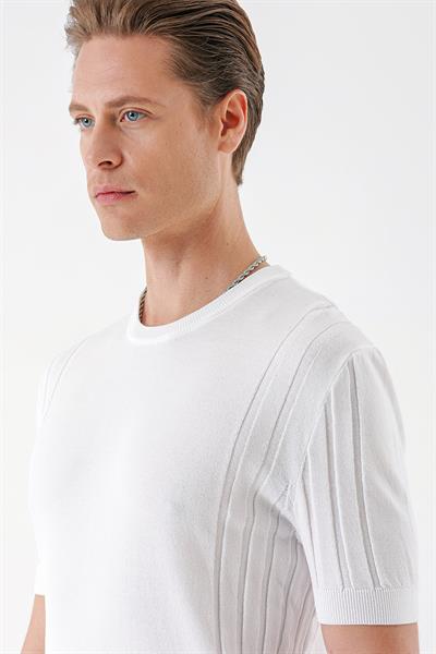 Slim Fit Bisiklet Yaka Kısa Kol Beyaz Triko Tr 869