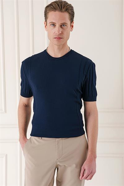 Slim Fit Bisiklet Yaka Kısa Kol Lacivert Triko Tr 869