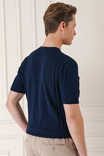 Slim Fit Bisiklet Yaka Kısa Kol Lacivert Triko Tr 869