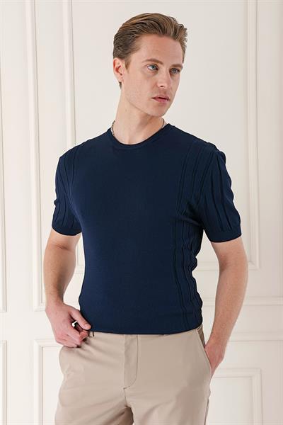 Slim Fit Bisiklet Yaka Kısa Kol Lacivert Triko Tr 869