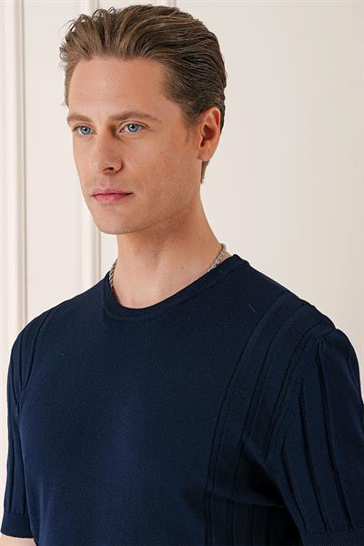 Slim Fit Bisiklet Yaka Kısa Kol Lacivert Triko Tr 869