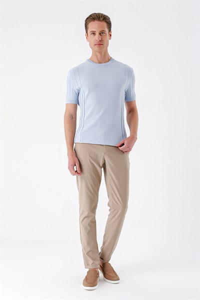 Slim Fit Bisiklet Yaka Kısa Kol Mavi Triko Tr 869