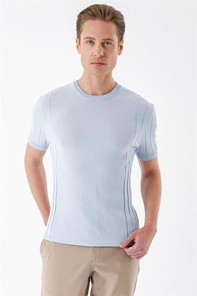Slim Fit Bisiklet Yaka Kısa Kol Mavi Triko Tr 869