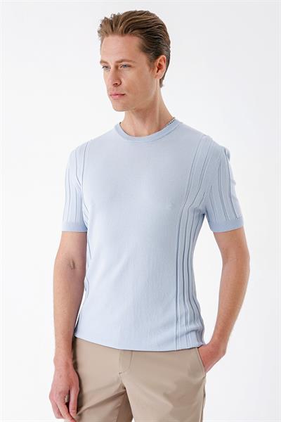 Slim Fit Bisiklet Yaka Kısa Kol Mavi Triko Tr 869