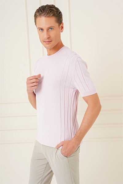 Slim Fit Bisiklet Yaka Kısa Kol Pembe Triko Tr 869