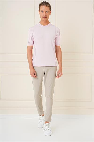 Slim Fit Bisiklet Yaka Kısa Kol Pembe Triko Tr 869