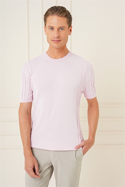 Slim Fit Bisiklet Yaka Kısa Kol Pembe Triko Tr 869