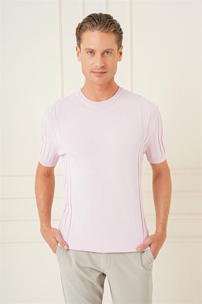 Slim Fit Bisiklet Yaka Kısa Kol Pembe Triko Tr 869