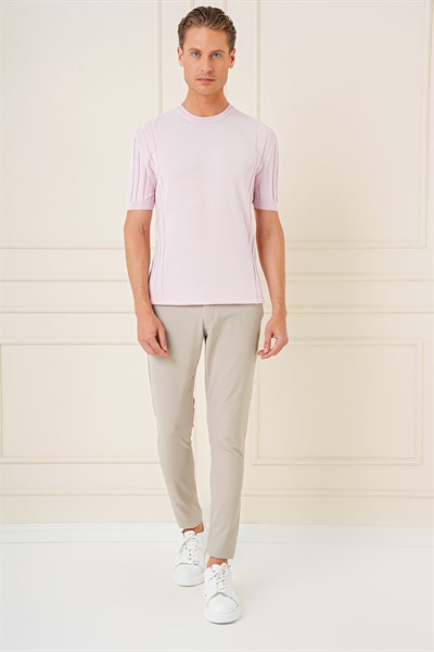 Slim Fit Bisiklet Yaka Kısa Kol Pembe Triko Tr 869