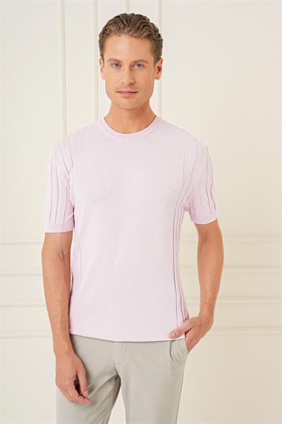 Slim Fit Bisiklet Yaka Kısa Kol Pembe Triko Tr 869