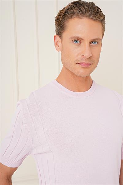 Slim Fit Bisiklet Yaka Kısa Kol Pembe Triko Tr 869