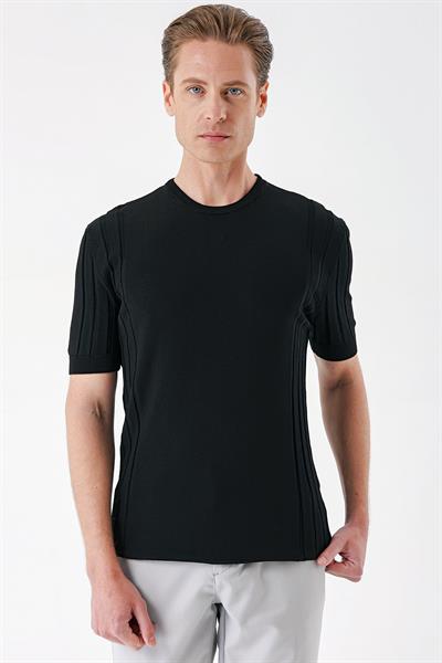Slim Fit Bisiklet Yaka Kısa Kol Siyah Triko Tr 869