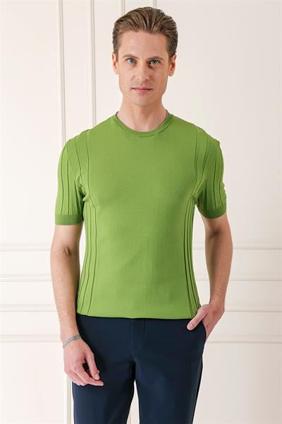 Slim Fit Bisiklet Yaka Kısa Kol Yeşil Triko Tr 869