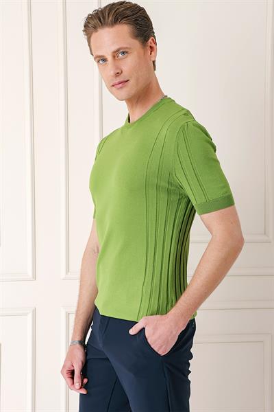 Slim Fit Bisiklet Yaka Kısa Kol Yeşil Triko Tr 869