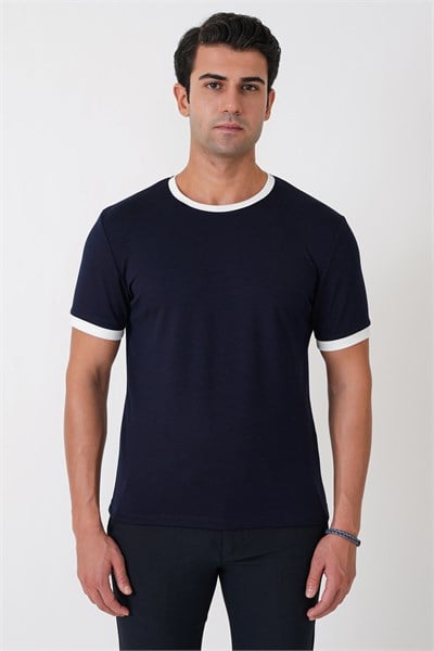 Slim Fit Bisiklet Yaka Lacivert-Ekru Tişört TS 932