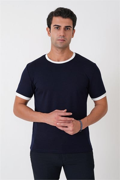 Slim Fit Bisiklet Yaka Lacivert-Ekru Tişört TS 932