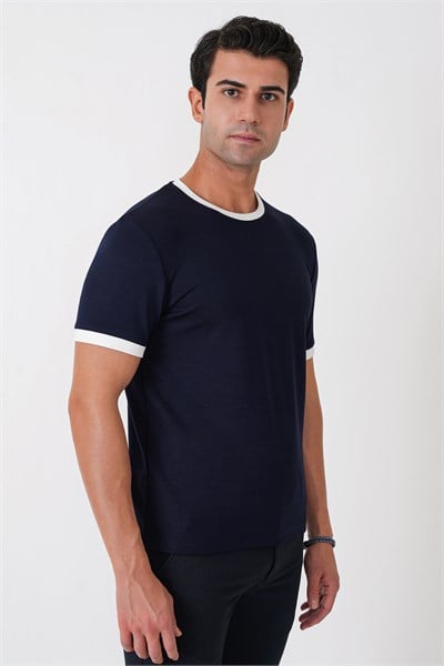 Slim Fit Bisiklet Yaka Lacivert-Ekru Tişört TS 932