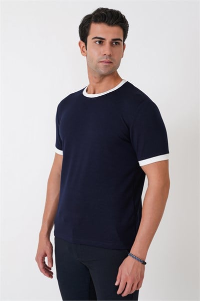 Slim Fit Bisiklet Yaka Lacivert-Ekru Tişört TS 932
