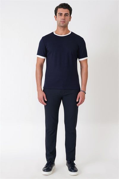 Slim Fit Bisiklet Yaka Lacivert-Ekru Tişört TS 932