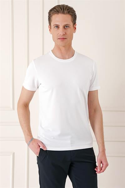 Slim Fit Bisiklet Yaka Pamuklu Beyaz Tişört Ts 880