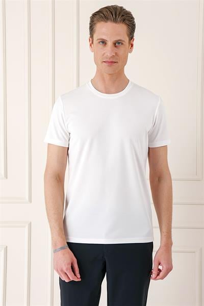 Slim Fit Bisiklet Yaka Pamuklu Beyaz Tişört Ts 880