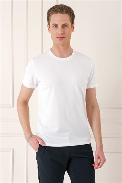 Slim Fit Bisiklet Yaka Pamuklu Beyaz Tişört Ts 880